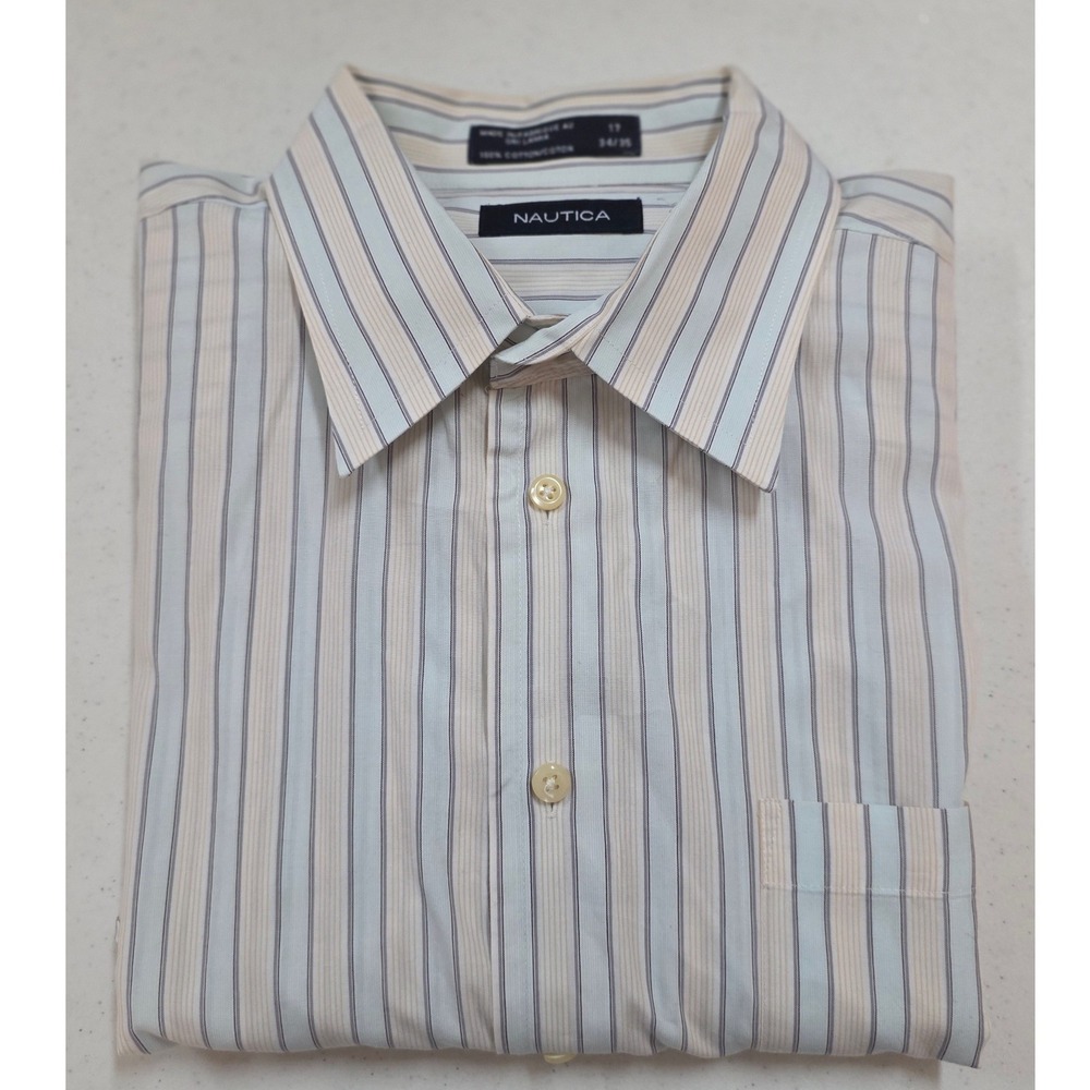 Nautica Mens Striped Button Down Shirt Blue Tan White 100% Cotton Size 17 34/35